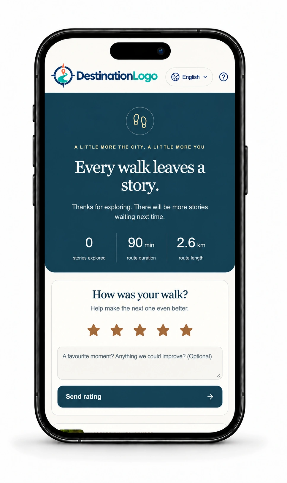 The completion screen after finishing a walk, with a rating prompt and a nearby independent trader