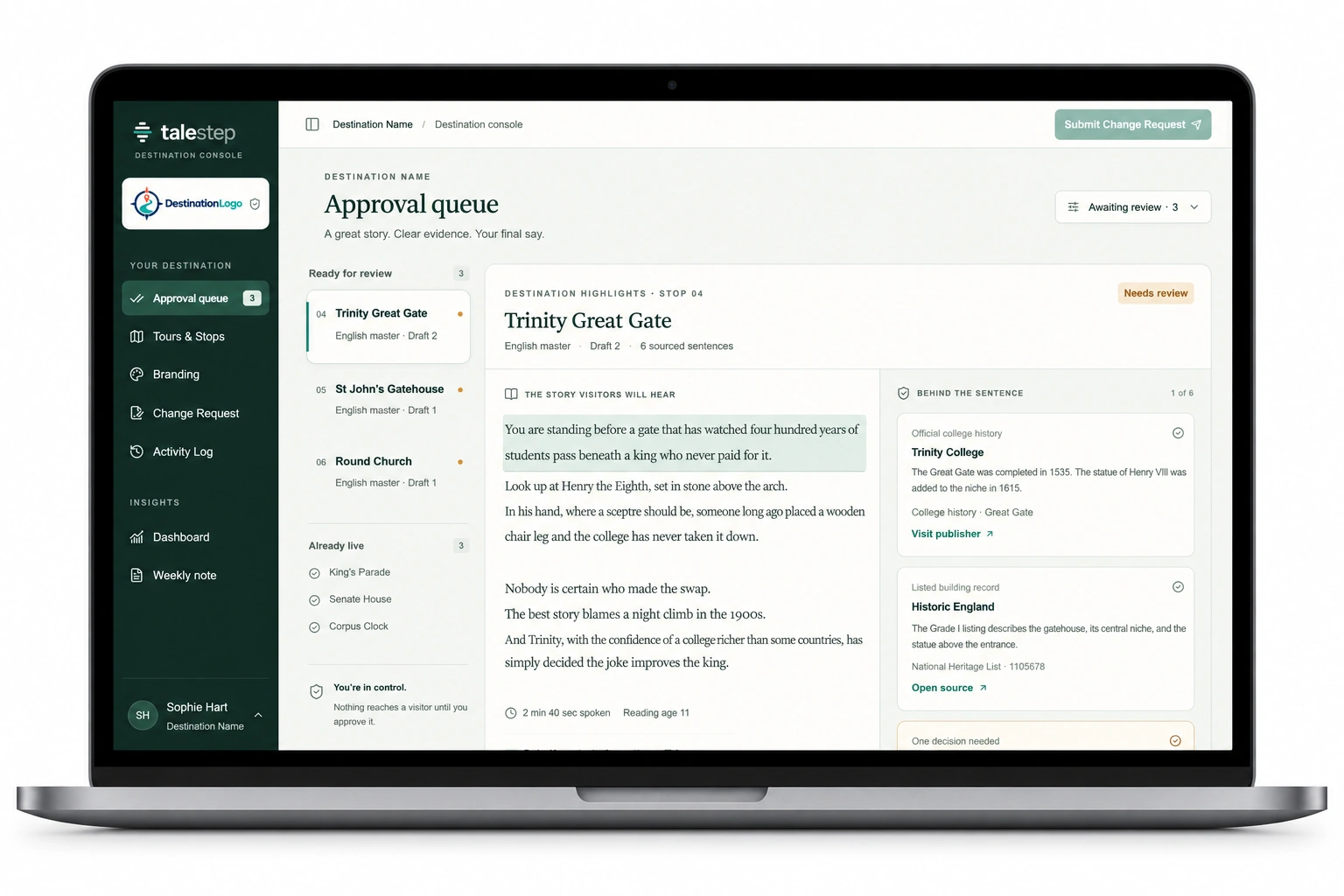 The approval queue, showing a draft script with every sentence traced back to its source